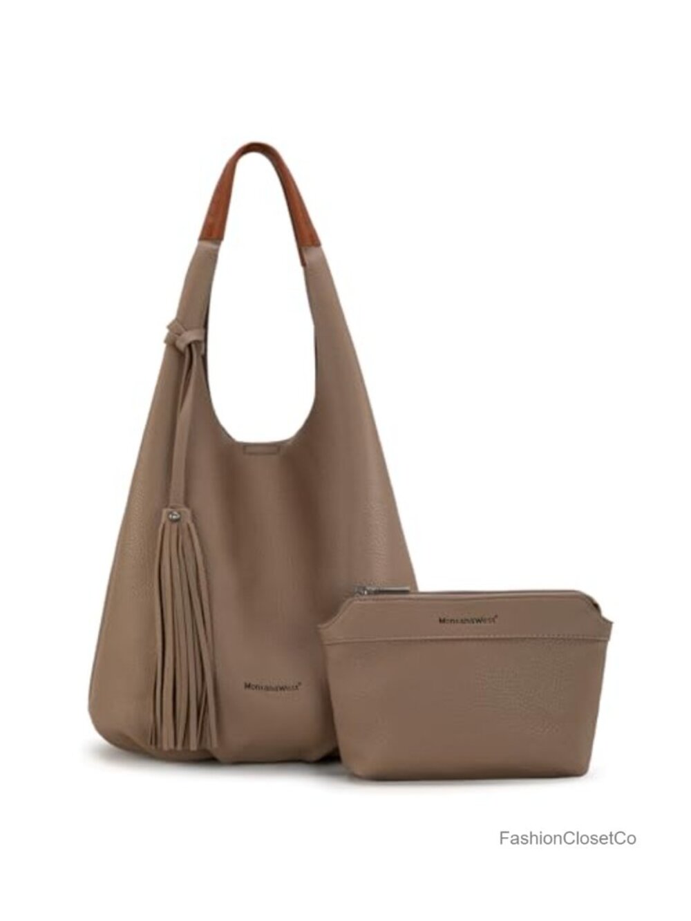 2PCS Slouchy Hobo Bag Set with Tassels Shoulder Bag and Cosmetic Pouch Faux